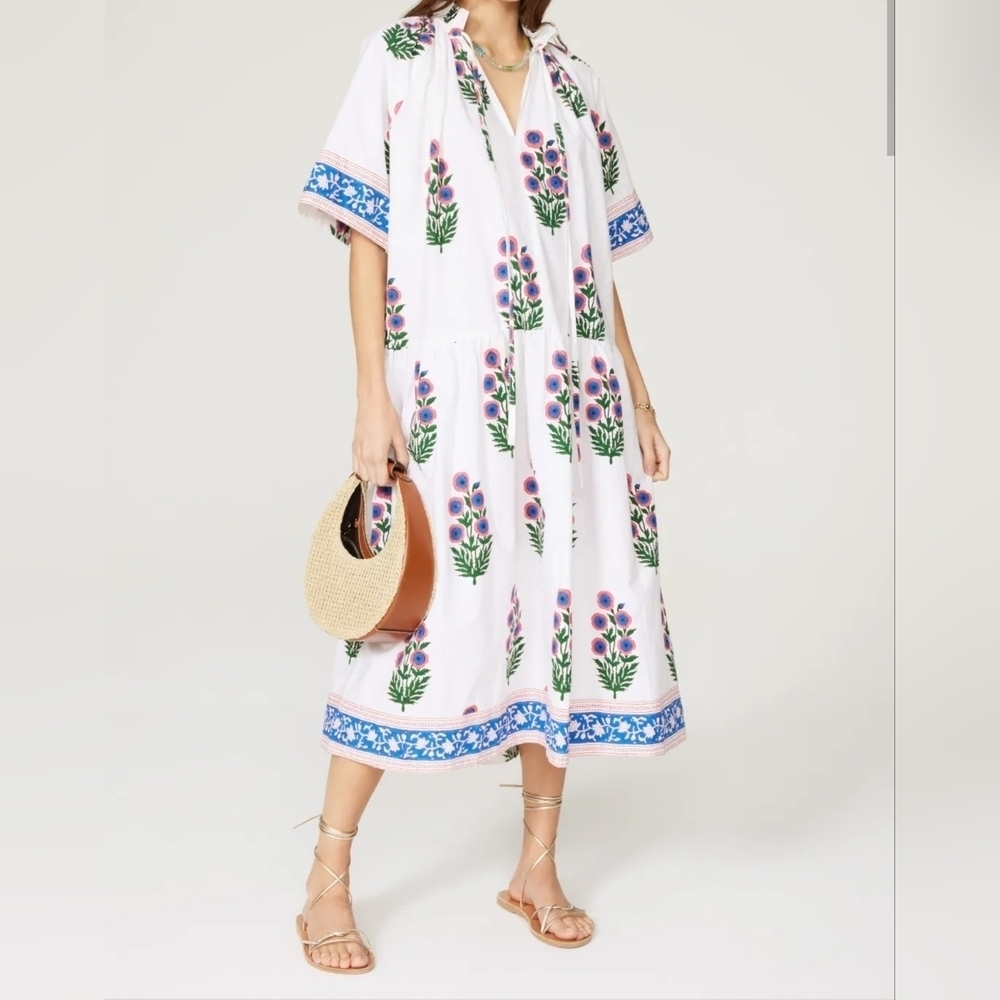 SZ Blockprints Women's Oversized Floral Embroidered Frock Yuva Midi Dress, XS - Picture 4 of 14